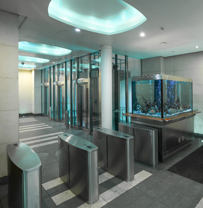 Scenic lifts next to fish tank